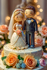 Fototapeta premium Edible figures of newlyweds on wedding cake. Generative AI