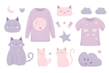 A whimsical collection of cute cat illustrations and clothing items in pastel purple tones.