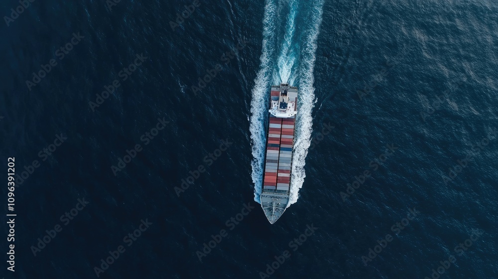 Poster an aerial view captures a container ship laden with cargo navigating the open sea, showcasing the sc