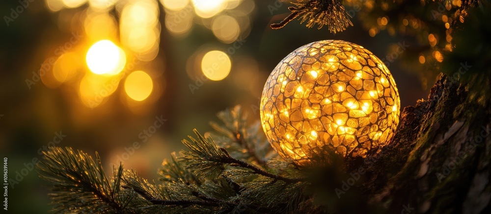 Poster illuminated decorative ball on a pine tree branch glowing in warm sunlight with a soft bokeh backgro
