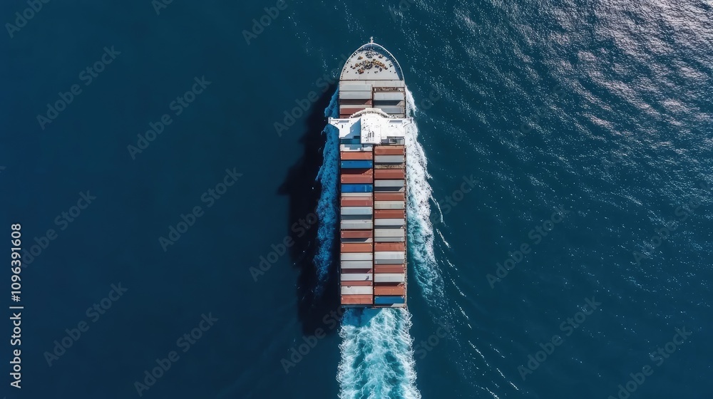 Poster an aerial view captures a container ship laden with cargo navigating the open sea, showcasing the sc