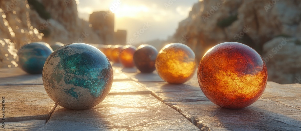 Poster 3d artistic rendering of colorful glass spheres on a stone pathway with a dramatic sunset background