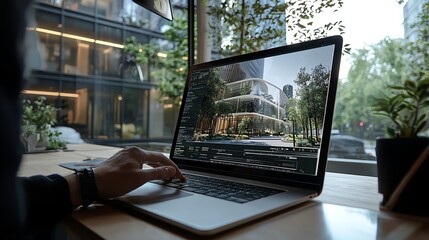 Fototapeta premium Modern laptop with architectural design screen.