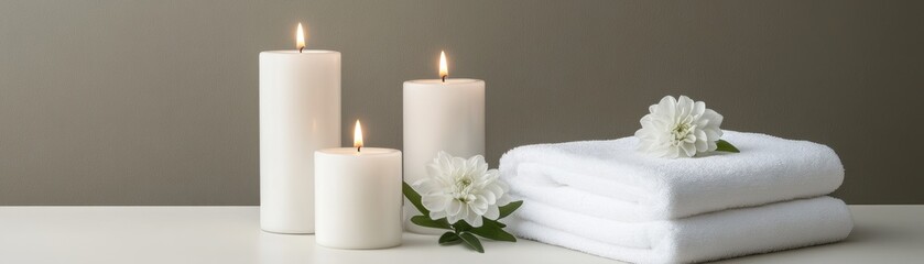 A serene arrangement of white candles and fluffy towels, set against a muted background, evoking a calming spa-like atmosphere.