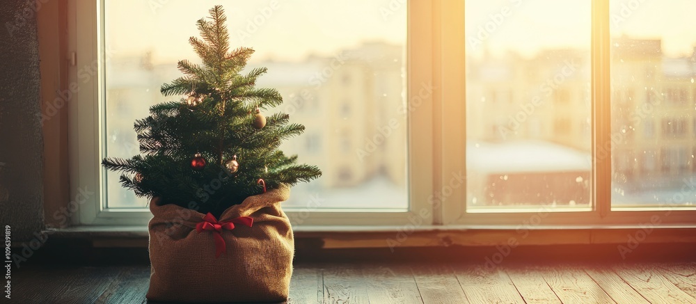 Poster christmas tree in a burlap sack by the window with sunlight creating a warm holiday atmosphere in a 