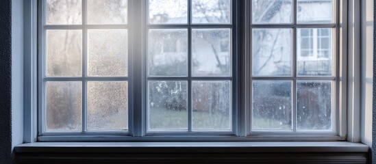 Condensation on an old bay window showcasing a blurred view of the garden outside during a cold day