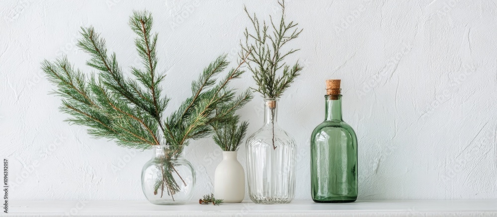 Poster pine branches arranged in glass vases with a green bottle on a white tabletop creating a serene and 