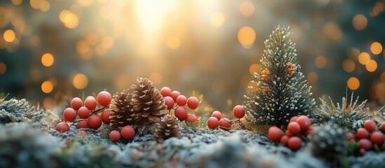 Fototapeta premium A serene collection of miniature tree toys and natural elements on a soft backdrop with subtle bokeh lighting effects.