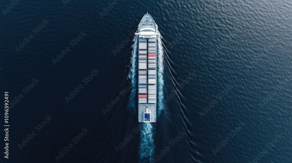 Poster an aerial view captures a container ship laden with cargo navigating the open sea, showcasing the sc