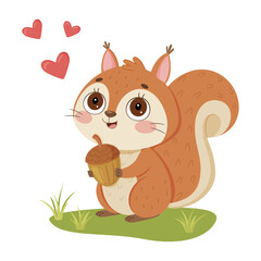 Cute squirrel with an acorn. Lovely forest animal. Pet character Hand drawn trendy flat style isolated. Vector illustration