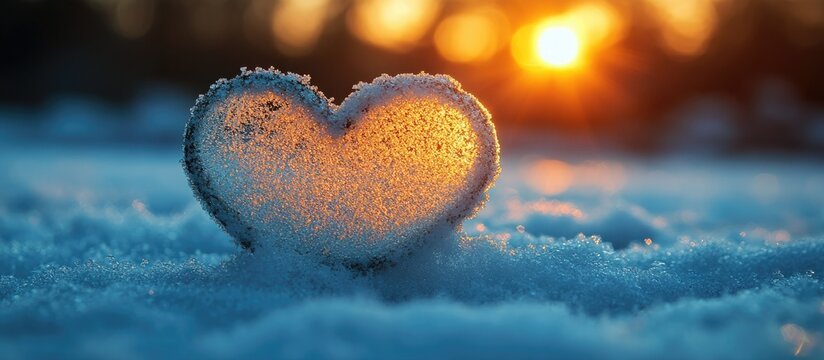 Heart-shaped ice silhouette on fresh snow during sunset illuminating the scene with warm golden hues in a winter landscape.