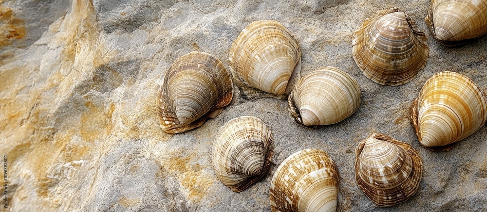 Poster shells arranged on a textured rock surface showcasing nature's intricate patterns and colors in a co