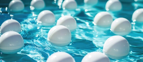 White floating balls in a refreshing summer pool with sparkling blue water creating a vibrant and inviting atmosphere.