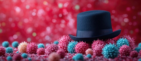 Virus representation with a black hat on a colorful background surrounded by toy cakes and vibrant spherical virus models.
