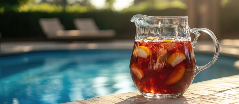 Refreshing pitcher of Sangria on poolside with fruit slices in sunlight perfect for summer gatherings and outdoor relaxation.