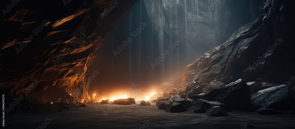 Poster mysterious cave illuminated by soft glowing light casting dramatic shadows and highlighting rugged r