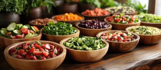 Fototapeta premium Fresh assorted salads displayed in wooden bowls at a vibrant buffet showcasing colorful ingredients and healthy options for diners.