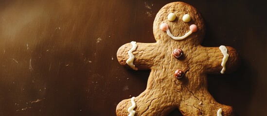 Gingerbread man cookie with decorative icing and vibrant colors set against a warm, rustic background for festive culinary imagery