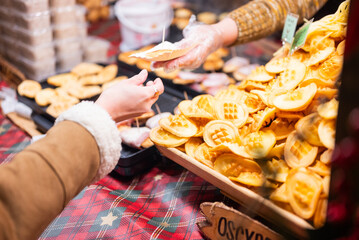 delicious fried smoked national cheese at the Christmas fair in Gdansk Poland