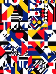 Obraz premium Abstract Geometric Pattern in Red, Blue, and Yellow - Vibrant abstract artwork featuring bold geometric shapes, red, blue, yellow color palette, modern design, and dynamic composition.