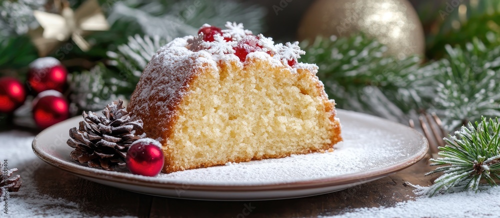 Aufkleber bundt cake slice decorated with winter elements and festive ornaments on a rustic table setting