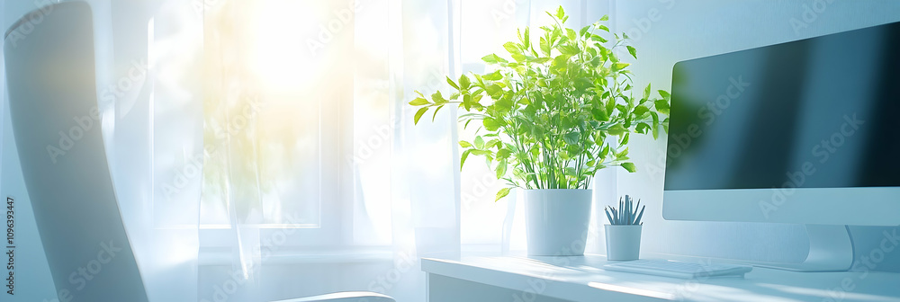 Poster sunlight illuminates a modern workspace with plants and a computer