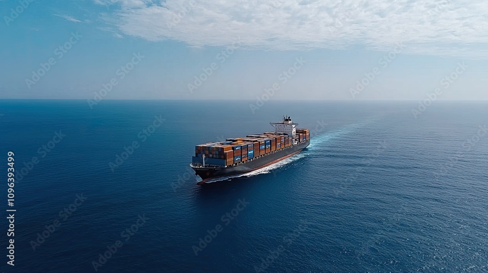 Poster an aerial view captures a container ship laden with cargo navigating the open sea, showcasing the sc
