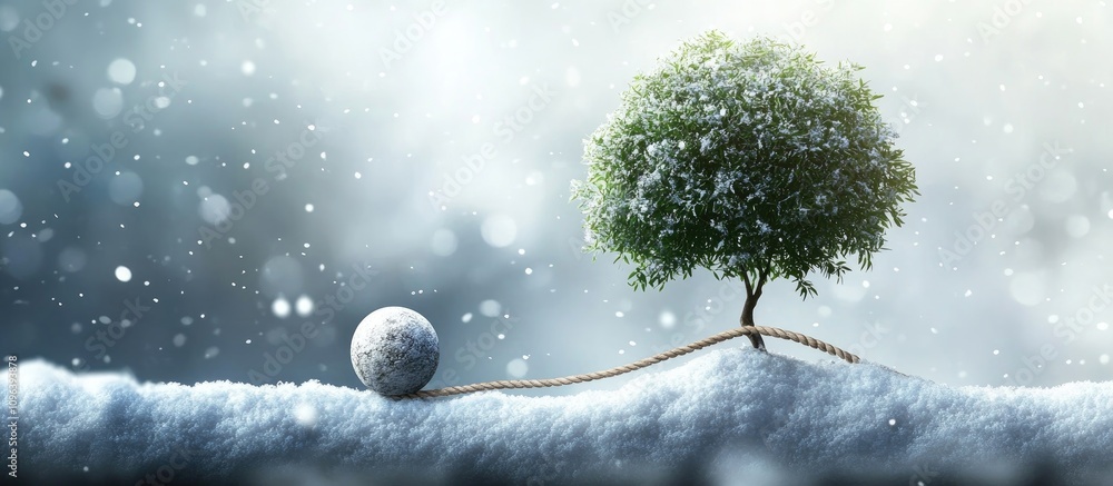 Poster abstract winter landscape with snow-covered tree and spheres creating a serene and tranquil atmosphe