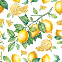 A seamless lemon pattern on white background.watercolor pattern with lemons for fabric and packaging, printing on fabric. Lemons on a branch with green leaves