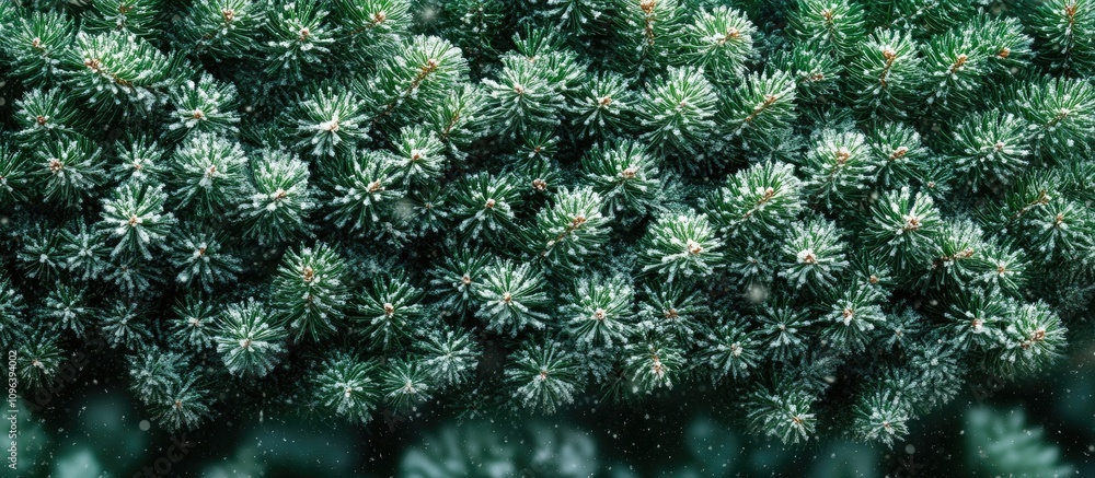 Poster close up texture of evergreen tree branches covered in fresh snow creating a serene winter atmospher