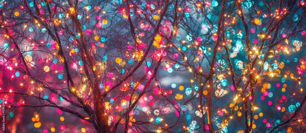 Poster abstract blurred background of a tree illuminated with vibrant colorful garland lights creating a fe