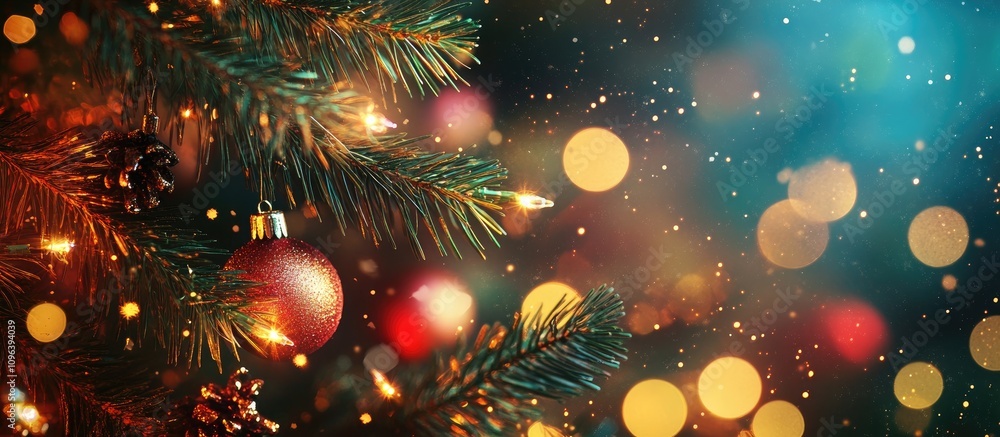 Poster festive abstract background featuring holiday lights and ornaments on a christmas tree with a bokeh 