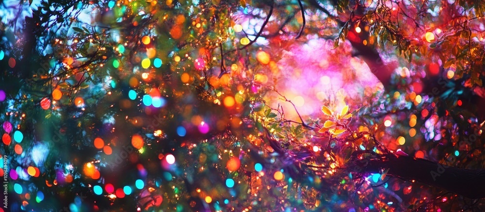 Poster multicolored blur of tree lights creating a vibrant abstract background with pentagonal light spots 