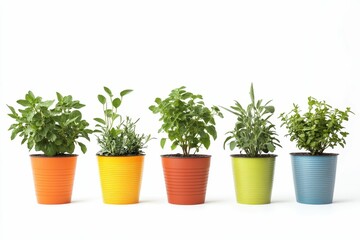Obraz premium Five herbs in colorful pots, white background.