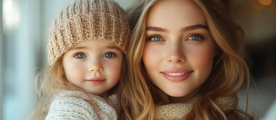 Fototapeta premium Young mother and daughter sharing a tender moment while looking at a photo book in a warm, cozy setting with soft lighting