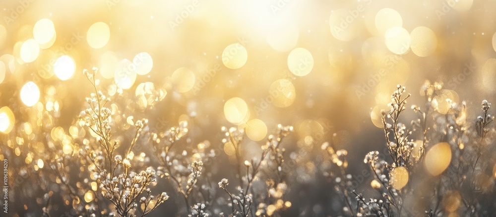 Poster golden bokeh light background with soft focus floral elements creating a dreamy and warm atmosphere 