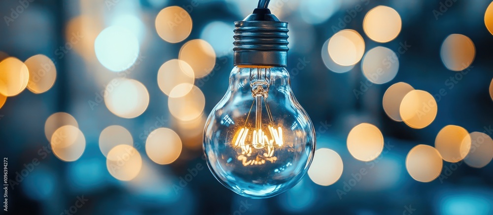 Poster blue and white bokeh background with illuminated light bulb creating a winter-themed ambiance for el