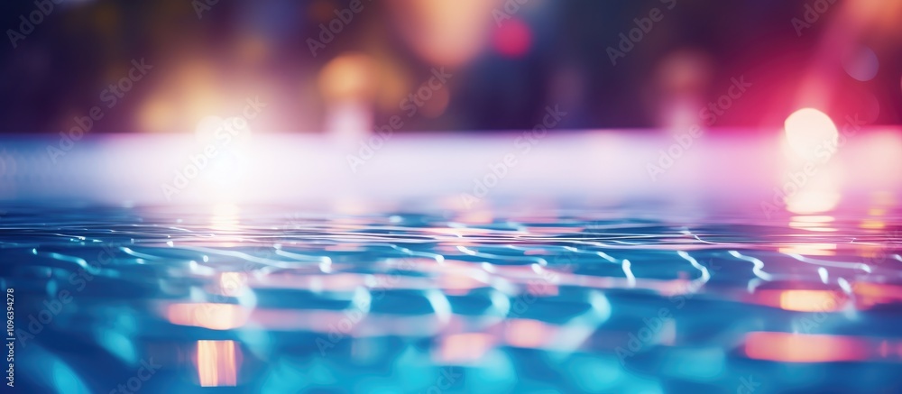 Poster serene night pool scene with abstract bokeh lights and vibrant reflections on water surface creating