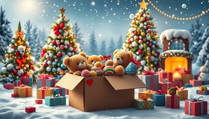Festive scene with teddy bears in a gift box surrounded by Christmas trees and presents