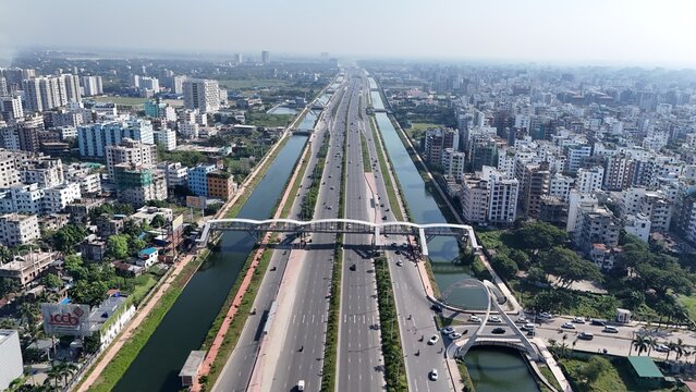 Dhaka 300 feet Kuril skyline aerial drone view from above, lake Michigan and city of Bangladesh Capital downtown skyscrapers cityscape bird's view from the city, Beautiful aerial drone city photograph
