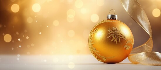 Golden Christmas ornament on ribbon with bokeh background for festive greeting card design and holiday decoration space for text