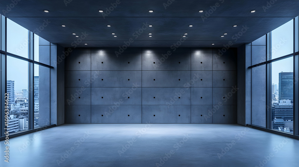 Poster modern concrete room with city view: a 3d render of an empty industrial space with large windows and