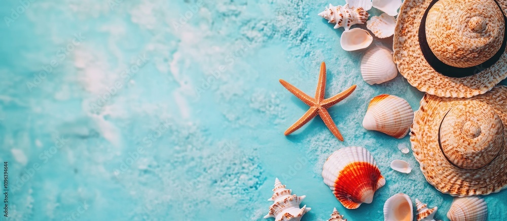 Poster seashells and starfish on a blue beach backdrop with straw hats creating a serene holiday atmosphere
