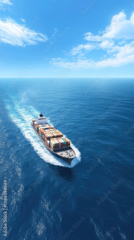 Poster an aerial view captures a container ship laden with cargo navigating the open sea, showcasing the sc