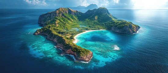 Aerial view of a picturesque tropical island surrounded by turquoise waters and lush greenery under a bright sky