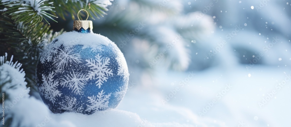 Poster blue snowflake ornament on a snow-covered fir tree branch creating a serene winter holiday atmospher