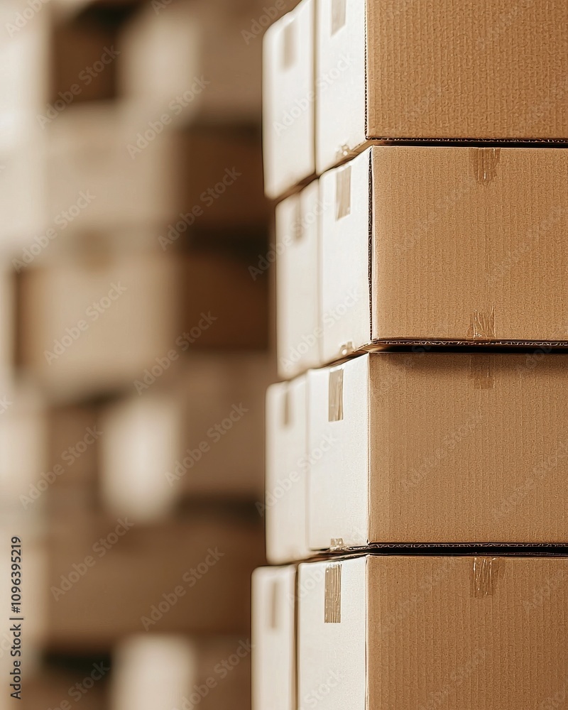 Poster stacked cardboard boxes in a storage area, showcasing a neat arrangement for efficient organization 