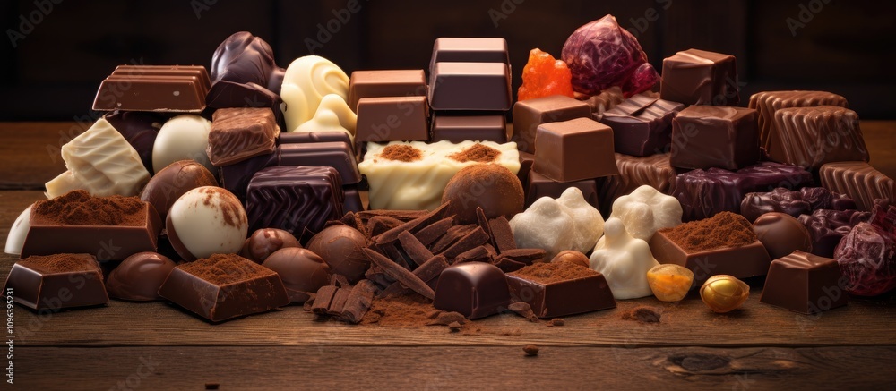 Poster Assorted gourmet chocolates displayed on a wooden table showcasing various textures and colors for a delicious and enticing dessert image.