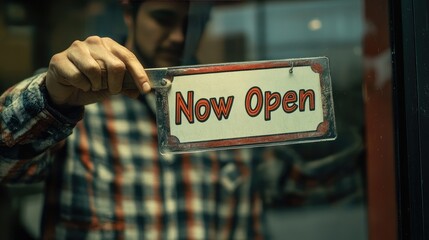 A young man hangs a sign that reads 'Now Open' in a storefront, symbolizing the excitement of a new business launch, community engagement, and the joy of entrepreneurship.