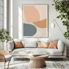 Abstract Shapes Wall Art Decorates Minimalist Living Room with Beige Sofa